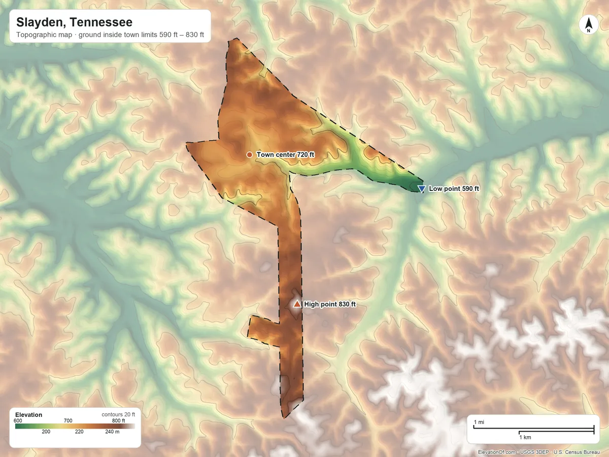 Topographic elevation map of Slayden, Tennessee, shaded from 590 ft on the east side to 830 ft on the south side