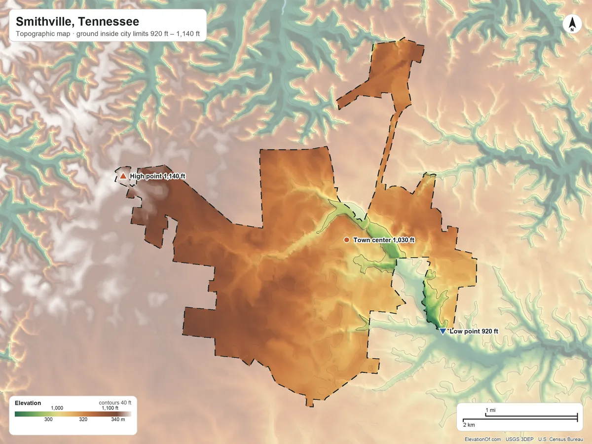 Topographic elevation map of Smithville, Tennessee, shaded from 920 ft on the southeast side to 1,140 ft on the west side