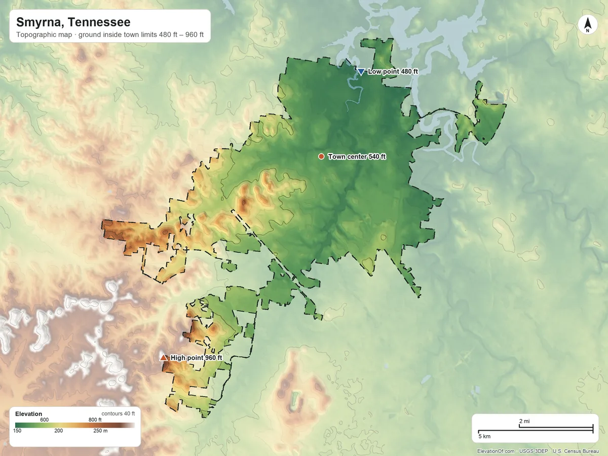 Topographic elevation map of Smyrna, Tennessee, shaded from 480 ft on the northeast side to 960 ft on the southwest side