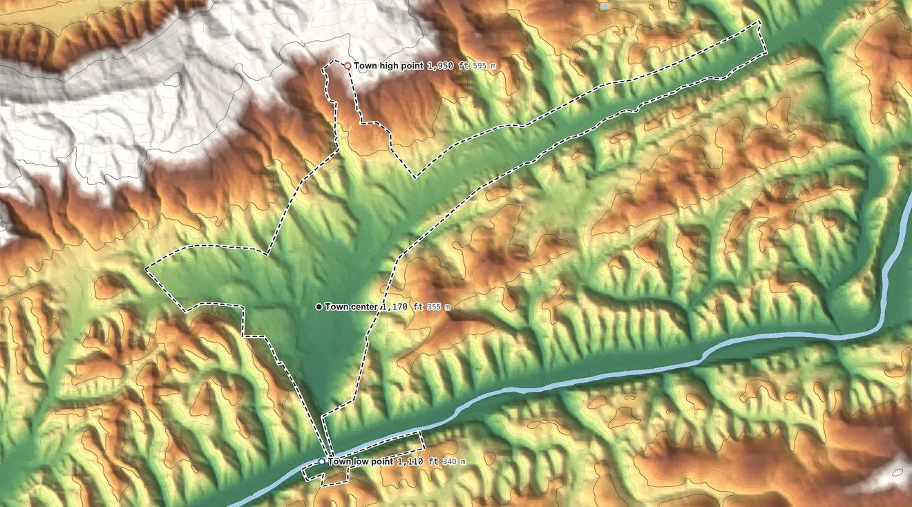Topographic elevation map of Sneedville, Tennessee, shaded from 1,110 ft on the south side to 1,950 ft at the foot of the Clinch Mountain