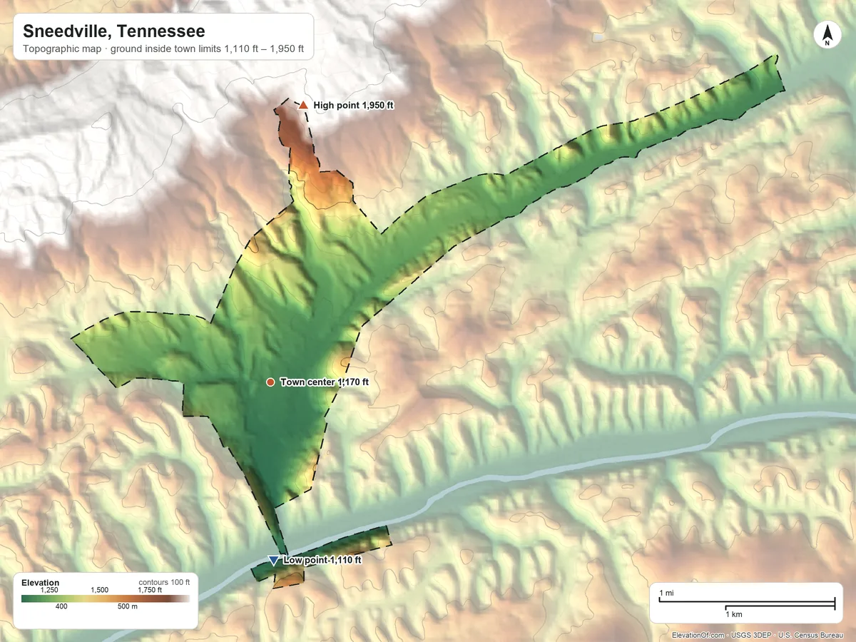 Topographic elevation map of Sneedville, Tennessee, shaded from 1,110 ft on the south side to 1,950 ft at the foot of the Clinch Mountain