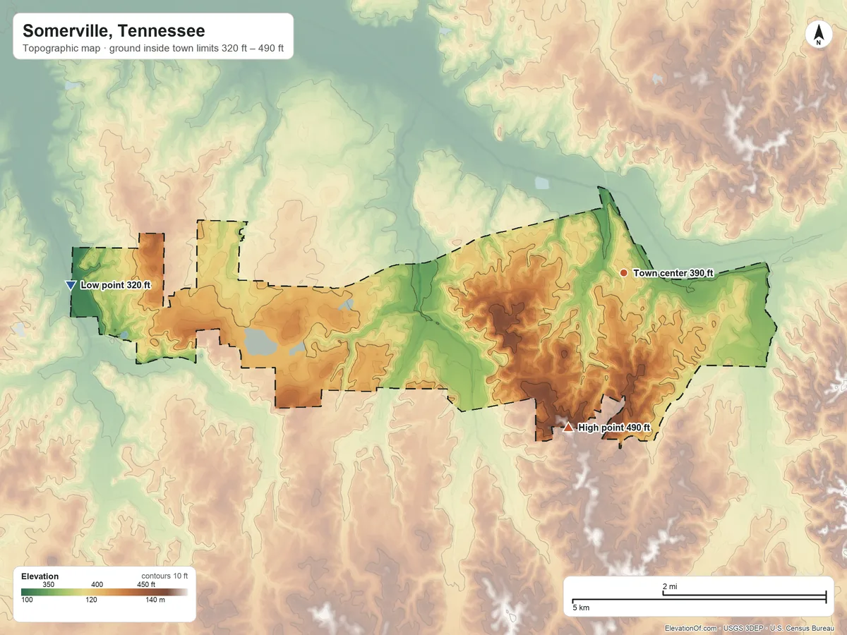 Topographic elevation map of Somerville, Tennessee, shaded from 320 ft on the west side to 490 ft on the south side
