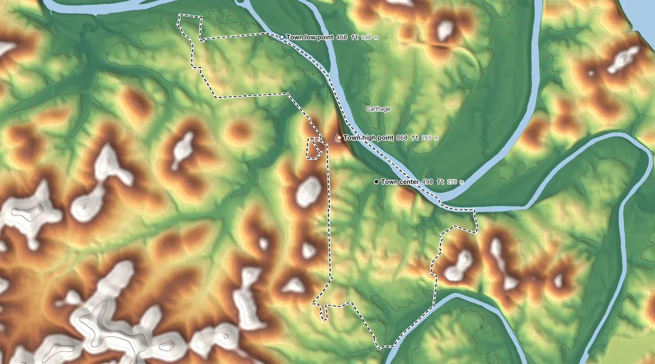 Topographic elevation map of South Carthage, Tennessee, shaded from 460 ft on the northwest side to 860 ft on the northwest side