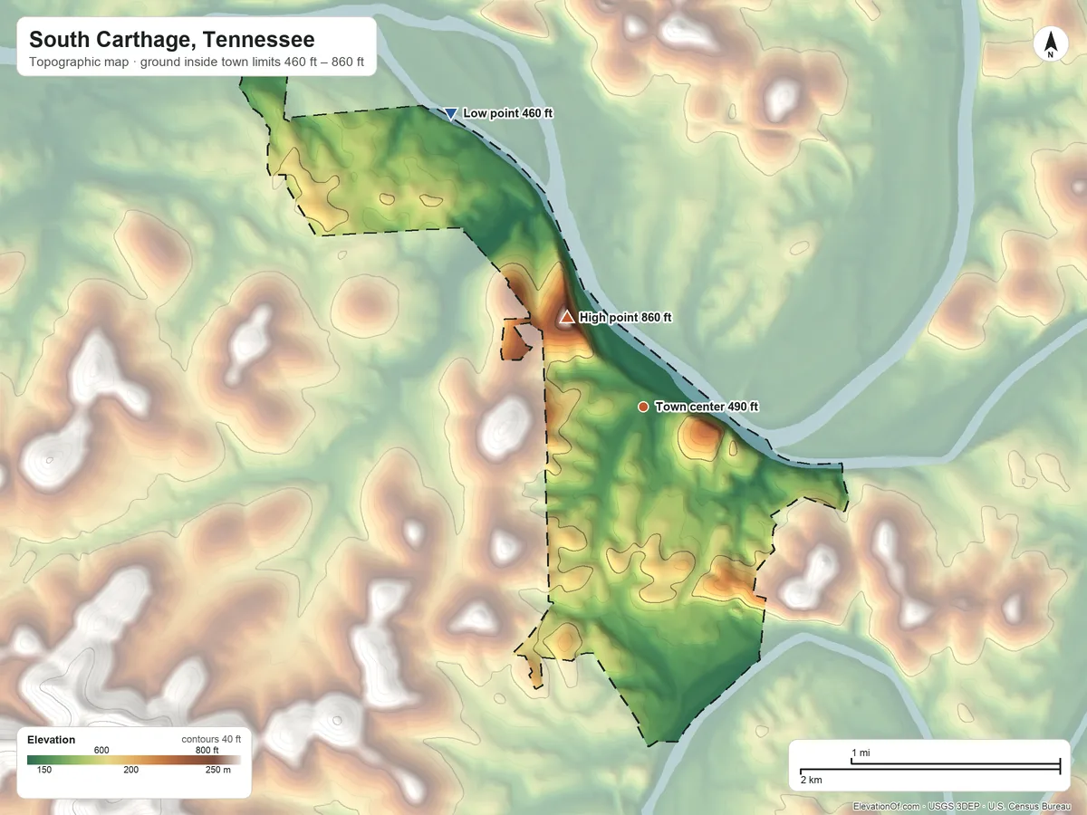Topographic elevation map of South Carthage, Tennessee, shaded from 460 ft on the northwest side to 860 ft on the northwest side