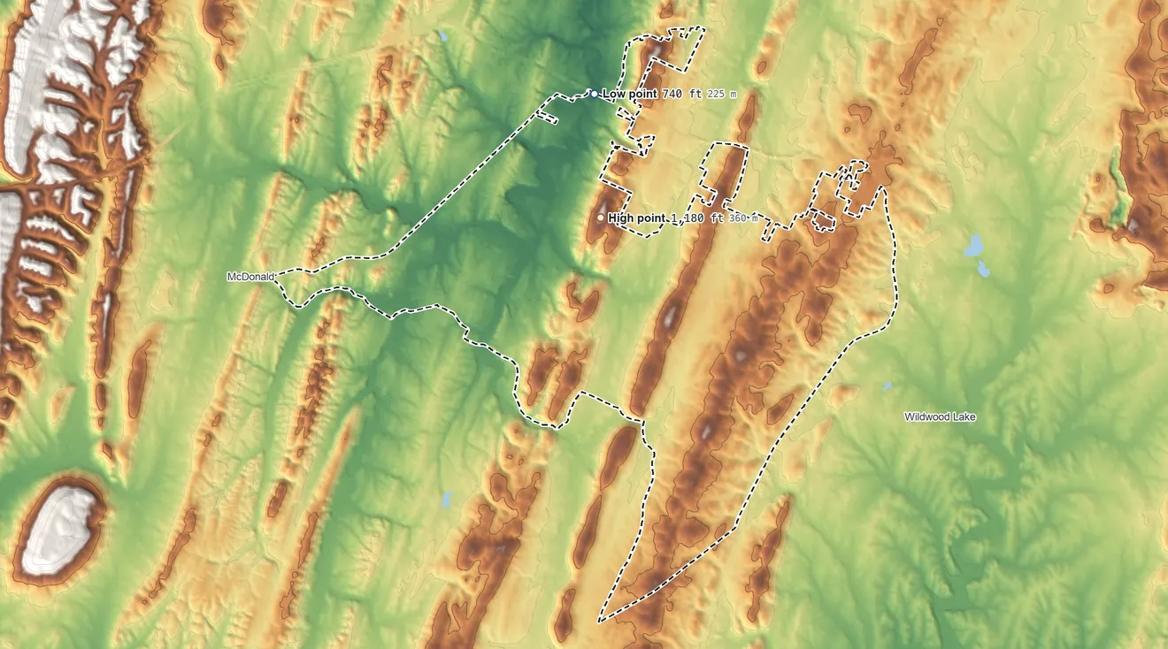 Topographic elevation map of South Cleveland, Tennessee, shaded from 740 ft on the northwest side to 1,180 ft on the northwest side
