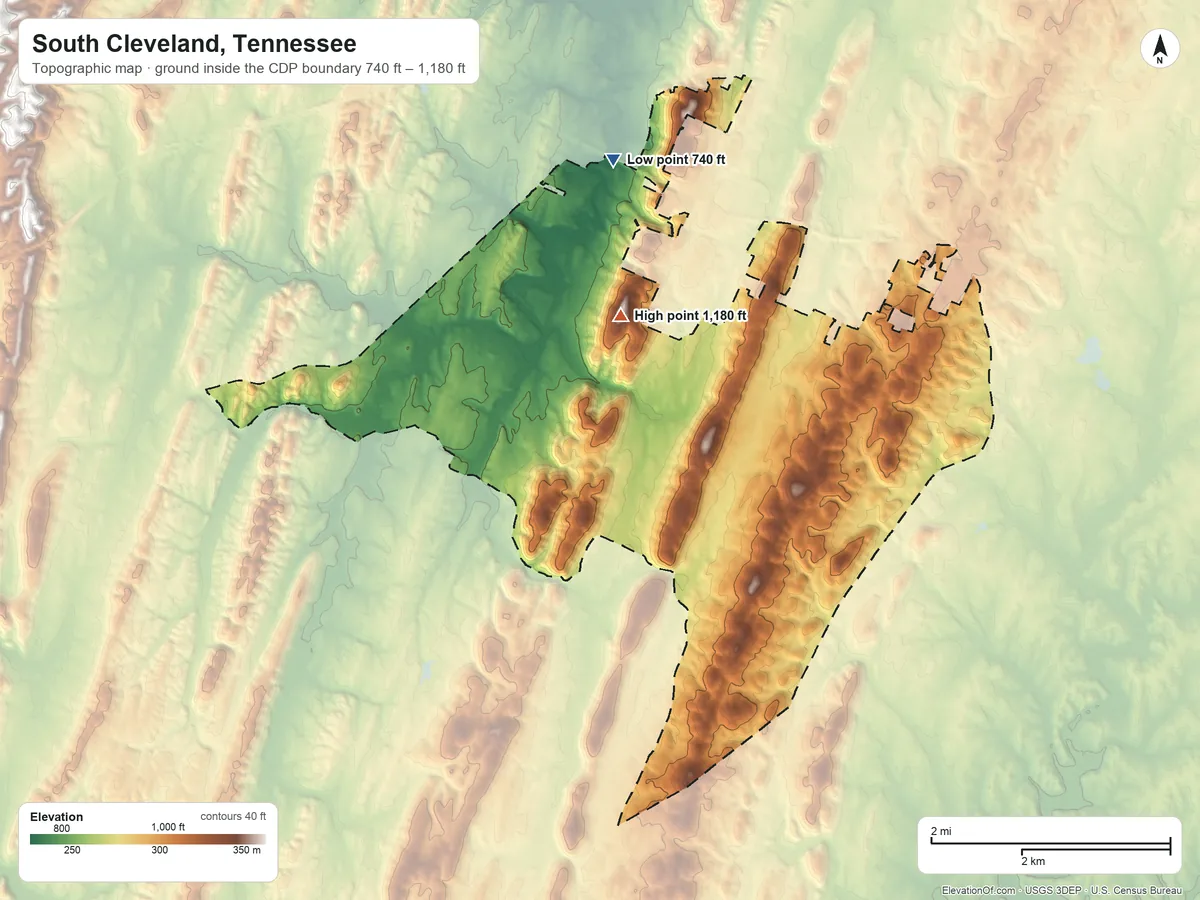 Topographic elevation map of South Cleveland, Tennessee, shaded from 740 ft on the northwest side to 1,180 ft on the northwest side
