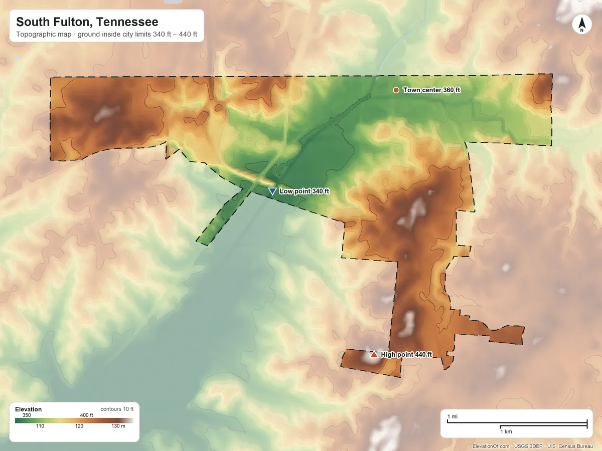 Topographic elevation map of South Fulton, Tennessee, shaded from 340 ft on the southwest side to 440 ft on the south side