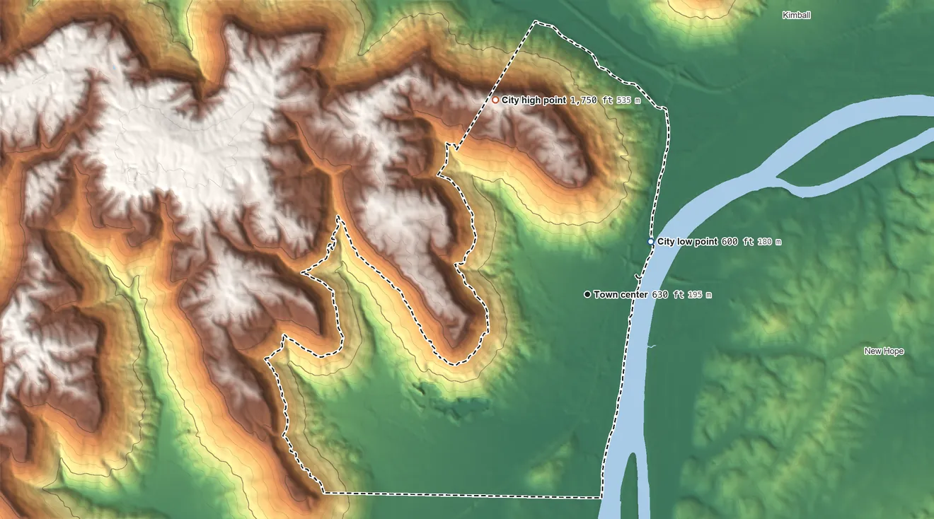Topographic elevation map of South Pittsburg, Tennessee, shaded from 600 ft on the northeast side to 1,750 ft on the northwest side