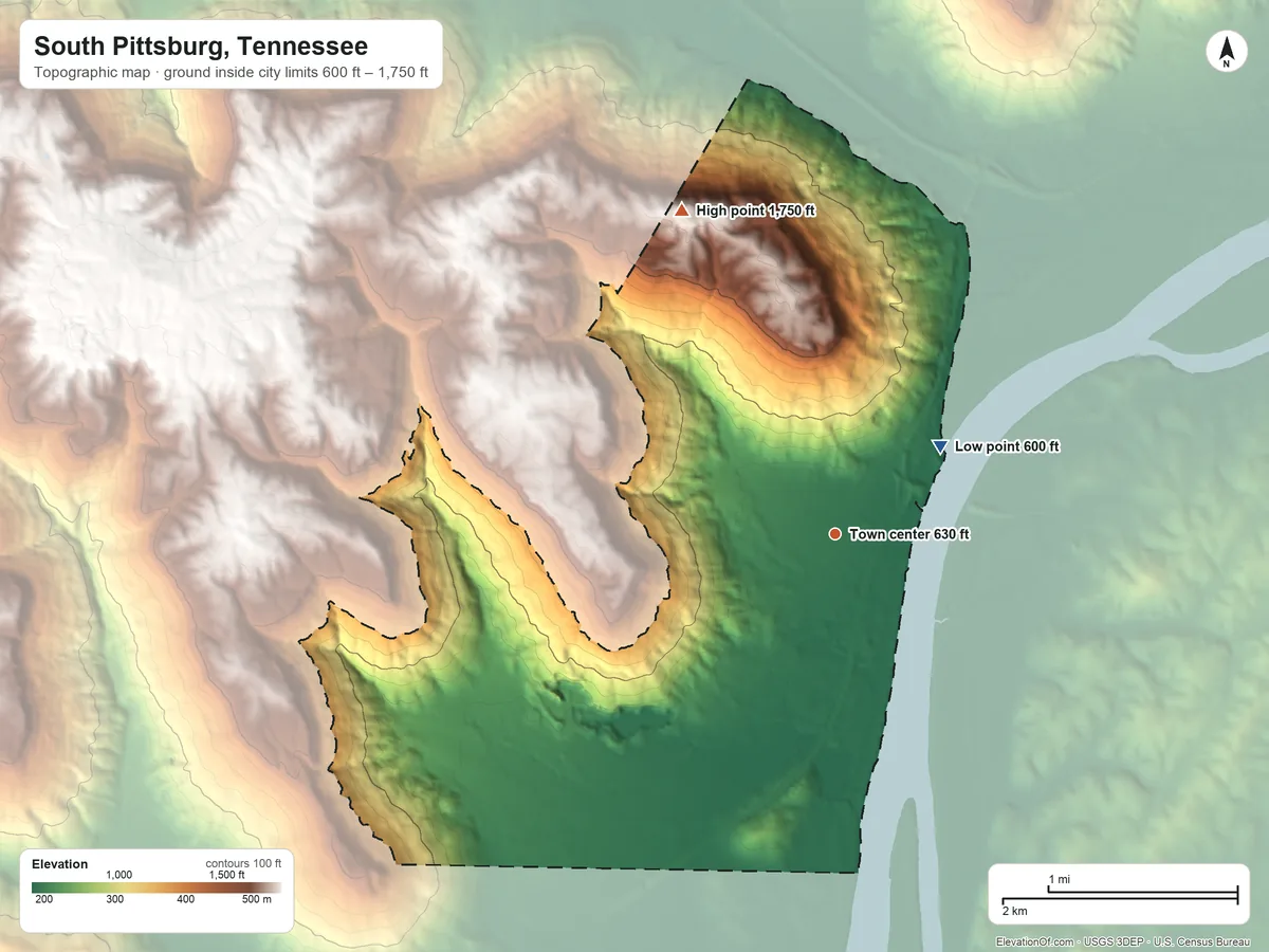 Topographic elevation map of South Pittsburg, Tennessee, shaded from 600 ft on the northeast side to 1,750 ft on the northwest side