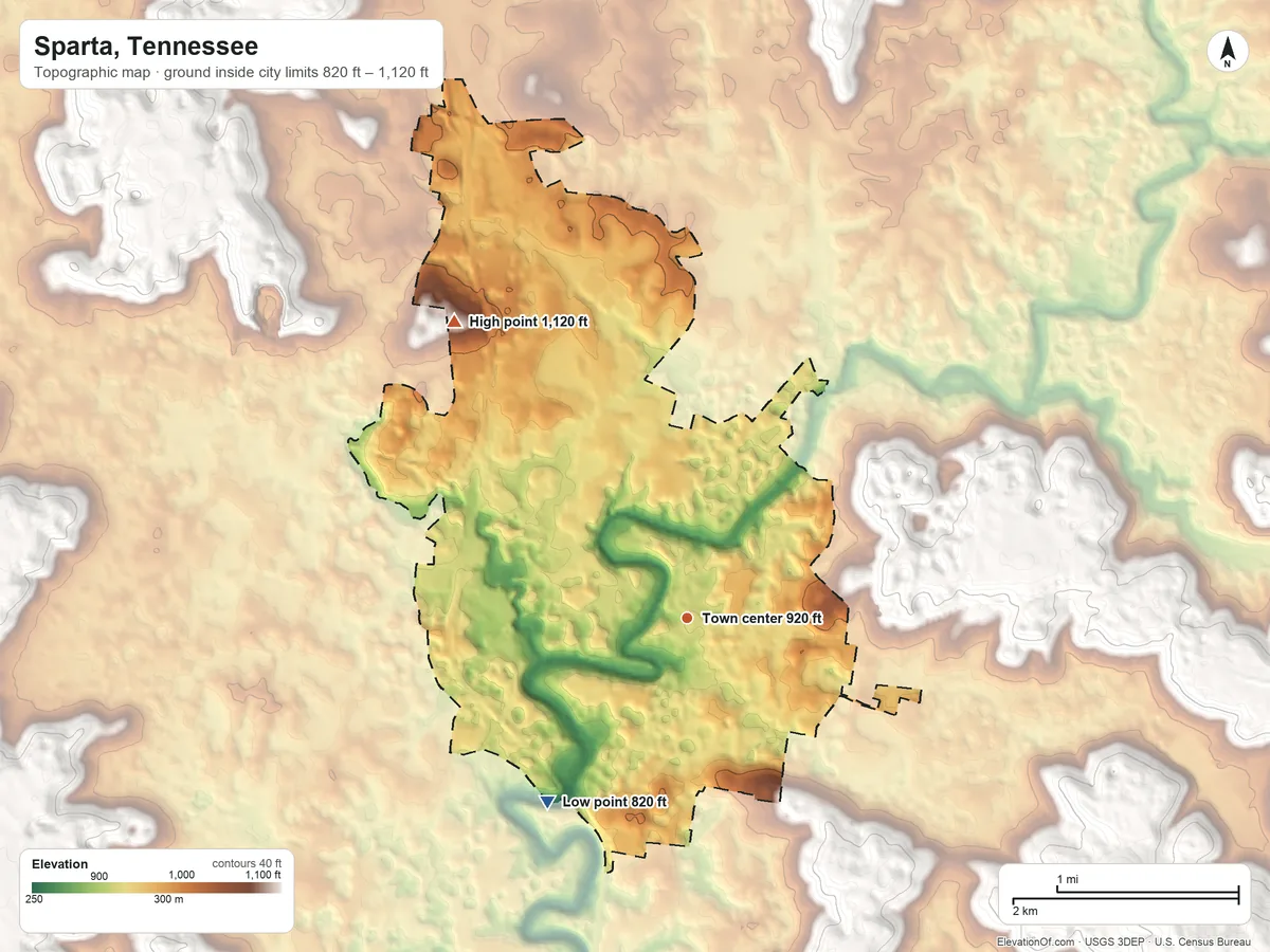Topographic elevation map of Sparta, Tennessee, shaded from 820 ft on the southwest side to 1,120 ft on the northwest edge, below higher ground just outside