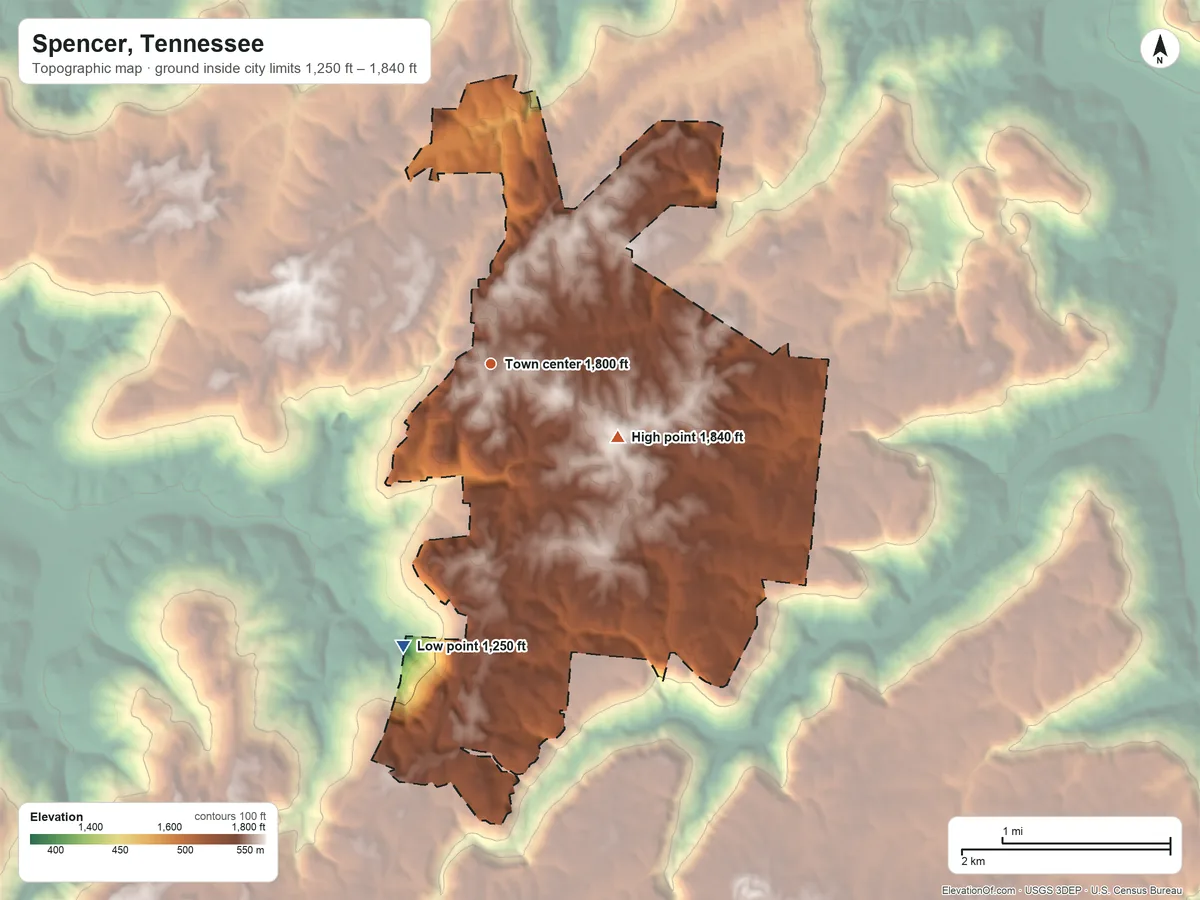 Topographic elevation map of Spencer, Tennessee, shaded from 1,250 ft on the south side to 1,840 ft on the southeast side