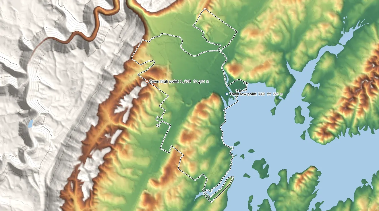 Topographic elevation map of Spring City, Tennessee, shaded from 740 ft on the east side to 1,030 ft on the west edge, below higher ground just outside
