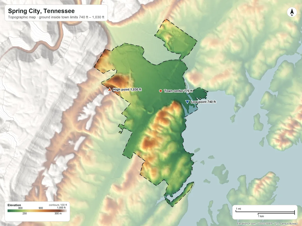 Topographic elevation map of Spring City, Tennessee, shaded from 740 ft on the east side to 1,030 ft on the west edge, below higher ground just outside