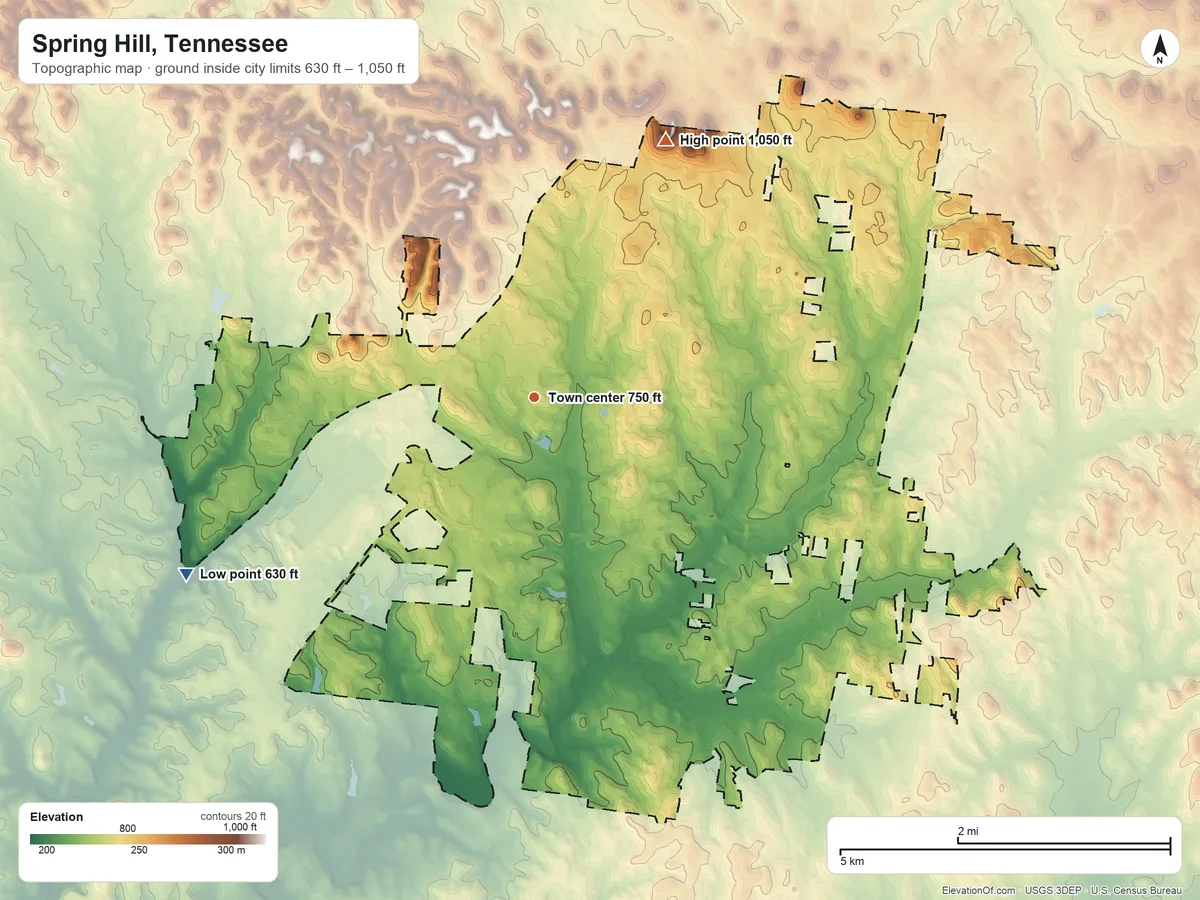 Topographic elevation map of Spring Hill, Tennessee, shaded from 630 ft on the southwest side to 1,050 ft on the northeast side