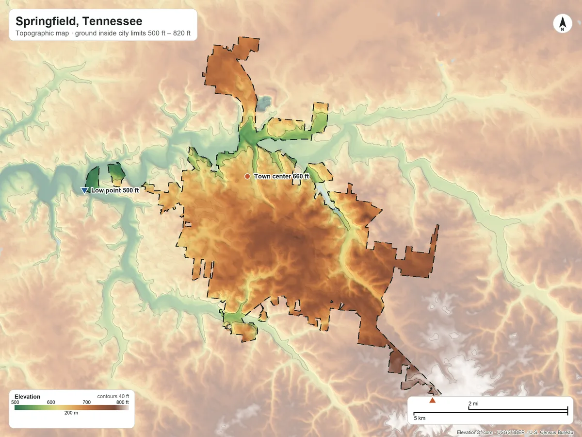 Topographic elevation map of Springfield, Tennessee, shaded from 500 ft on the west side to 820 ft on the southeast side