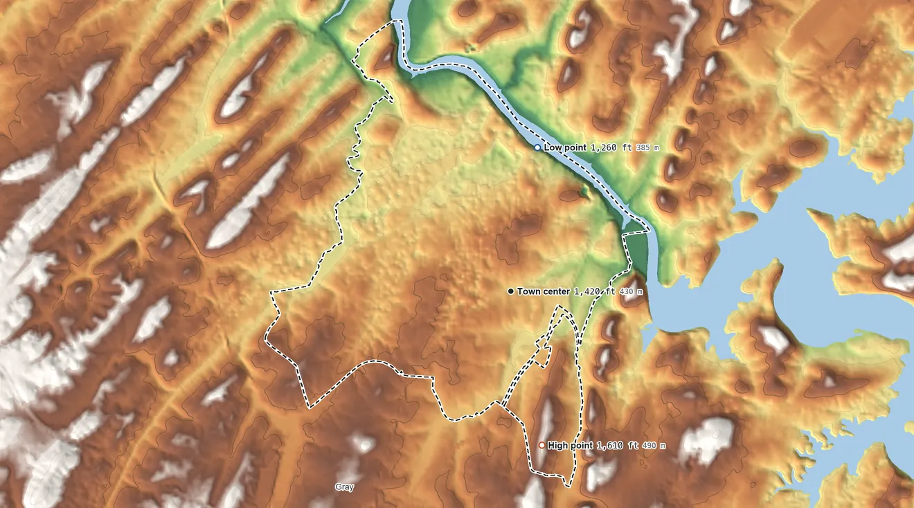 Topographic elevation map of Spurgeon, Tennessee, shaded from 1,260 ft on the north side to 1,610 ft on the south side