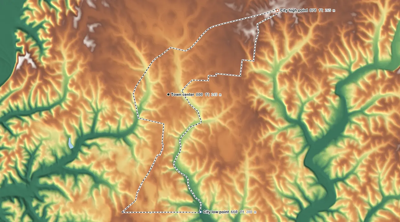 Topographic elevation map of St. Joseph, Tennessee, shaded from 660 ft on the south side to 870 ft on the northeast side