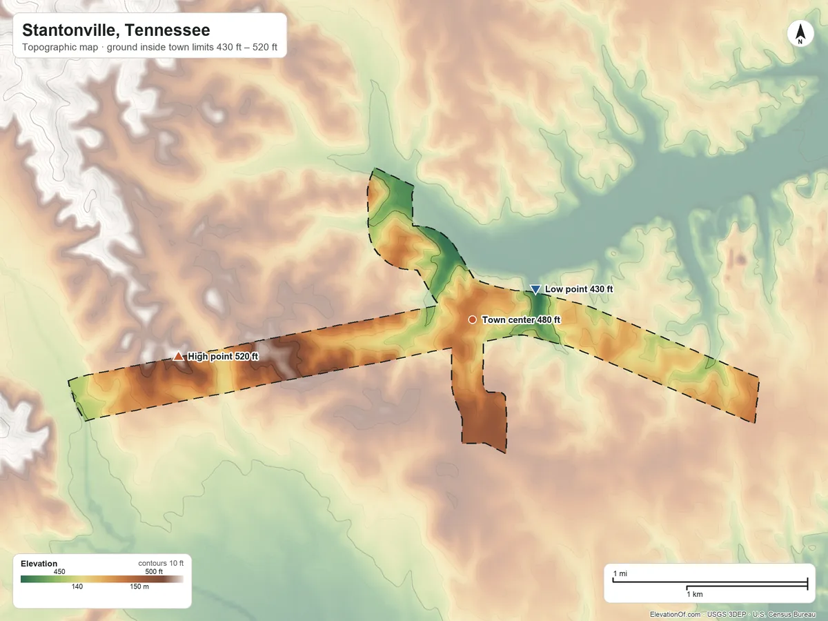 Topographic elevation map of Stantonville, Tennessee, shaded from 430 ft near the middle to 520 ft on the west side