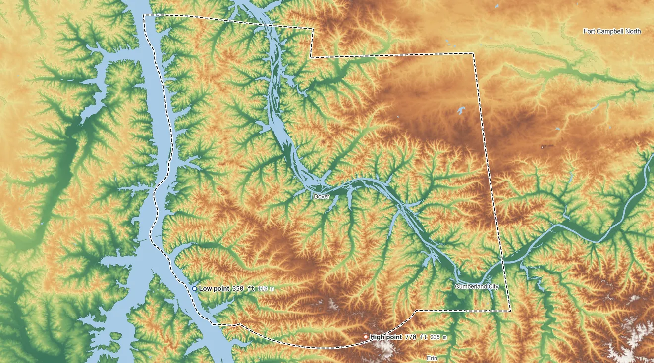 Topographic elevation map of Stewart County, Tennessee, shaded from 350 ft on the southwest side to 770 ft on the south side