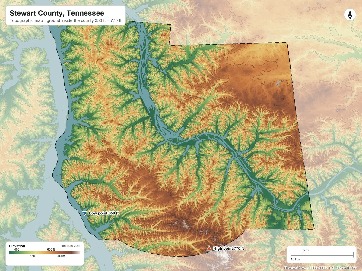 Topographic elevation map of Stewart County, Tennessee, shaded from 350 ft on the southwest side to 770 ft on the south side
