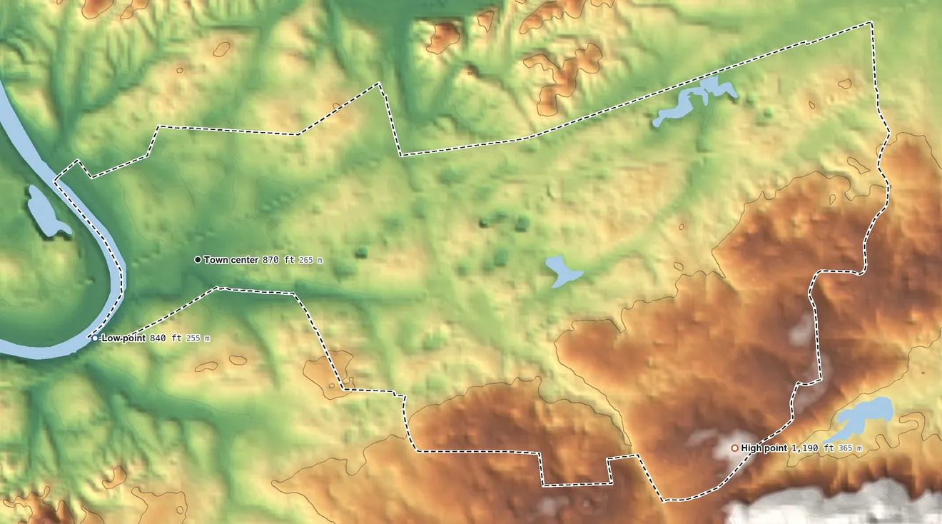 Topographic elevation map of Strawberry Plains, Tennessee, shaded from 840 ft on the southwest side to 1,190 ft on the east side
