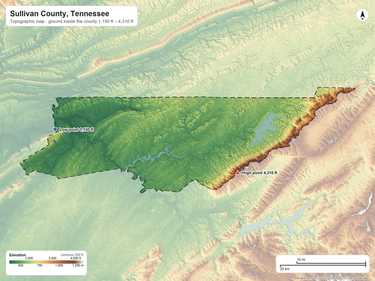 Topographic elevation map of Sullivan County, Tennessee, shaded from 1,150 ft on the west side to 4,310 ft on the southeast side