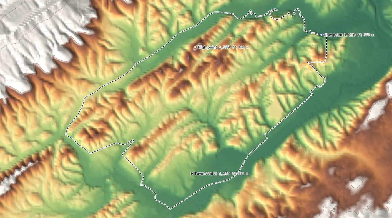Topographic elevation map of Sullivan Gardens, Tennessee, shaded from 1,210 ft on the northeast side to 1,500 ft at the foot of the Graysburg Hills