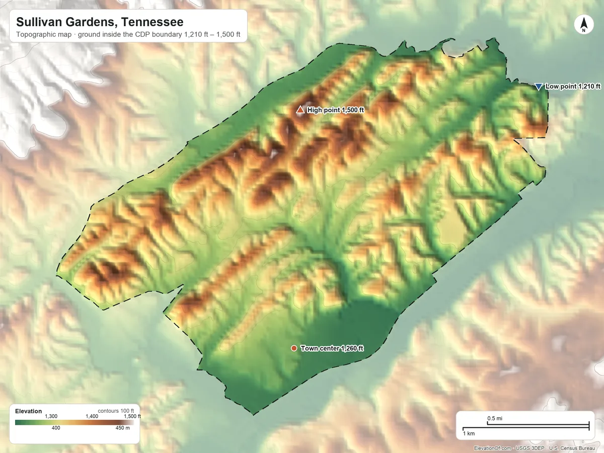 Topographic elevation map of Sullivan Gardens, Tennessee, shaded from 1,210 ft on the northeast side to 1,500 ft at the foot of the Graysburg Hills