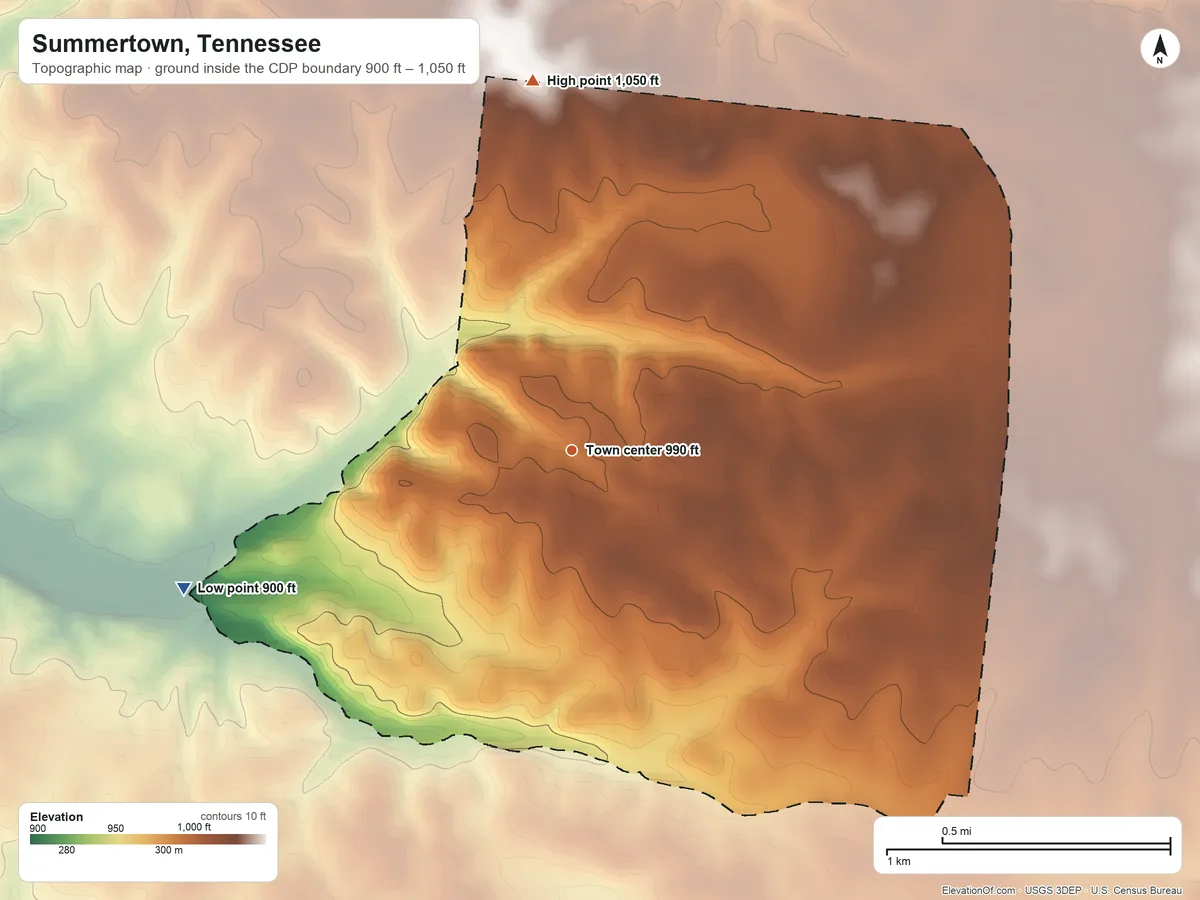 Topographic elevation map of Summertown, Tennessee, shaded from 900 ft on the west side to 1,050 ft on the north side