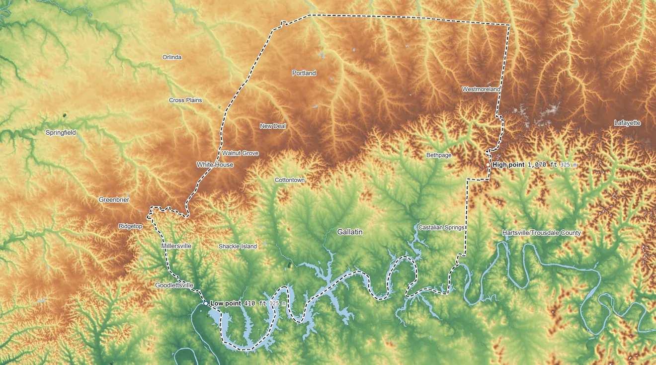 Topographic elevation map of Sumner County, Tennessee, shaded from 410 ft on the southwest side to 1,070 ft on Wolf Hill