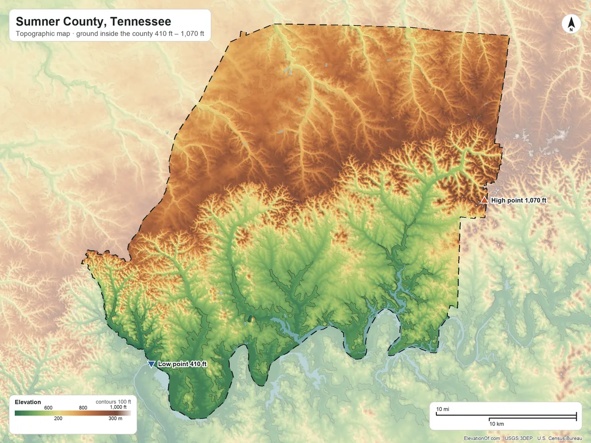 Topographic elevation map of Sumner County, Tennessee, shaded from 410 ft on the southwest side to 1,070 ft on Wolf Hill