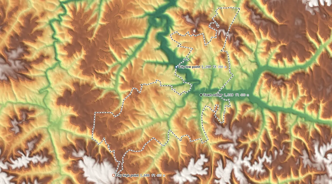 Topographic elevation map of Sunbright, Tennessee, shaded from 1,290 ft on the northwest side to 1,600 ft on the southwest side
