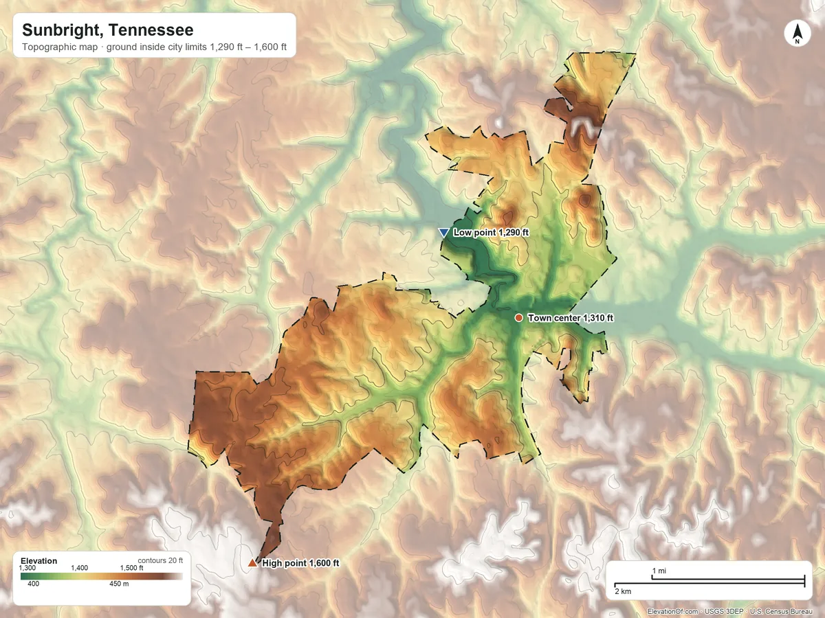 Topographic elevation map of Sunbright, Tennessee, shaded from 1,290 ft on the northwest side to 1,600 ft on the southwest side