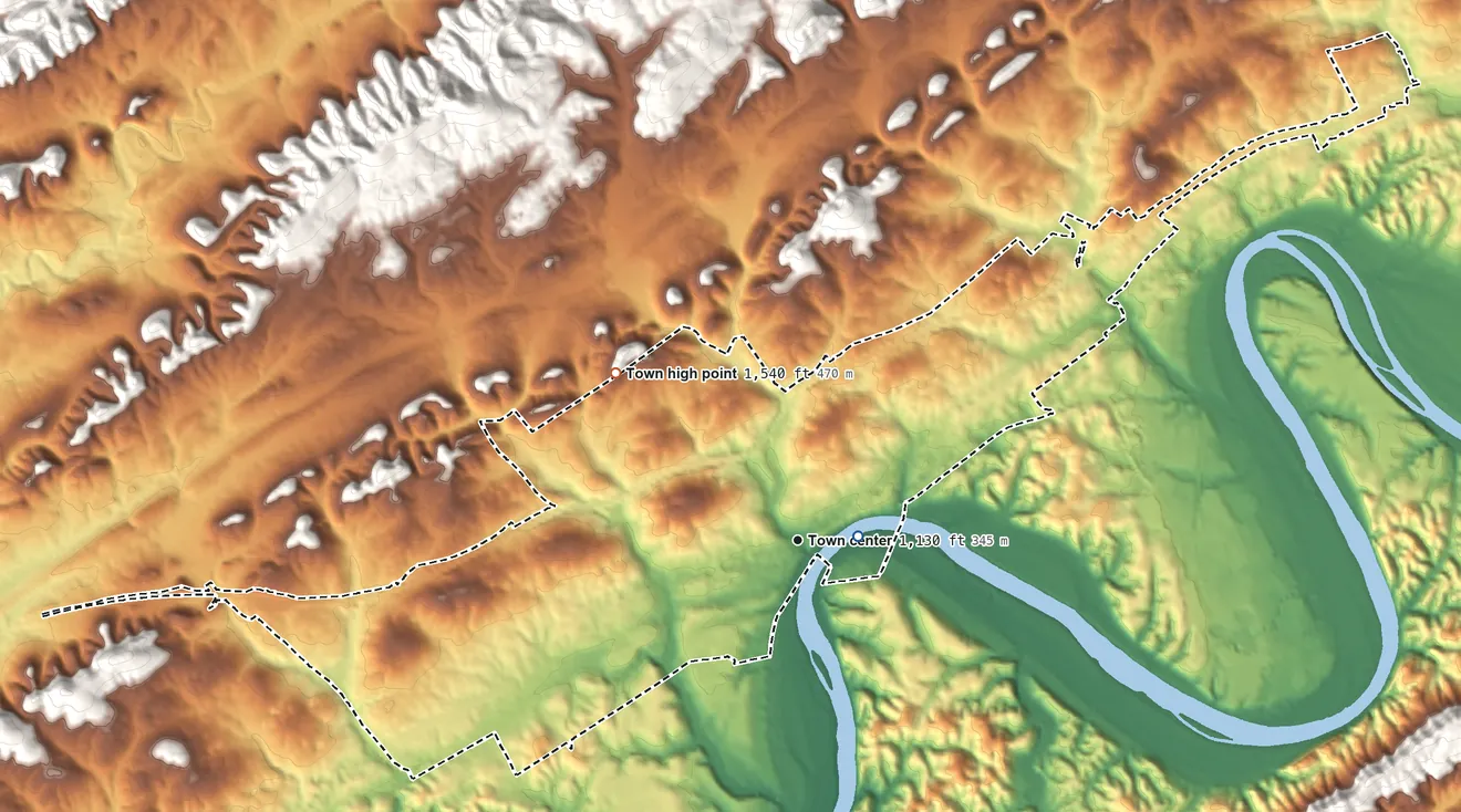 Topographic elevation map of Surgoinsville, Tennessee, shaded from 1,090 ft near the middle to 1,540 ft at the foot of the Graysburg Hills