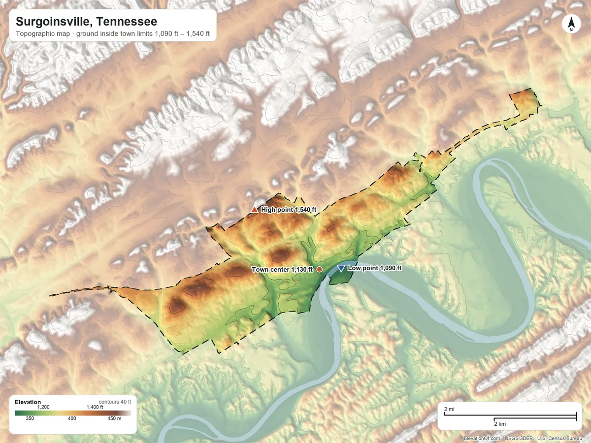 Topographic elevation map of Surgoinsville, Tennessee, shaded from 1,090 ft near the middle to 1,540 ft at the foot of the Graysburg Hills