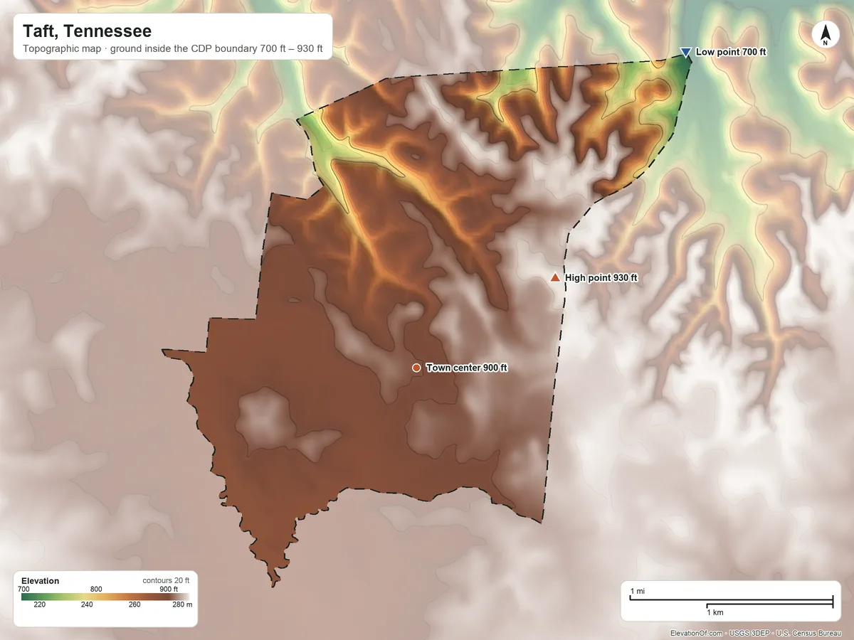 Topographic elevation map of Taft, Tennessee, shaded from 700 ft on the northeast side to 930 ft on the northeast side