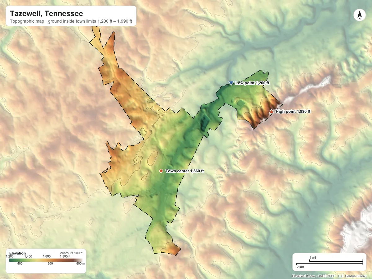 Topographic elevation map of Tazewell, Tennessee, shaded from 1,200 ft on the northeast side to 1,990 ft on the northeast side