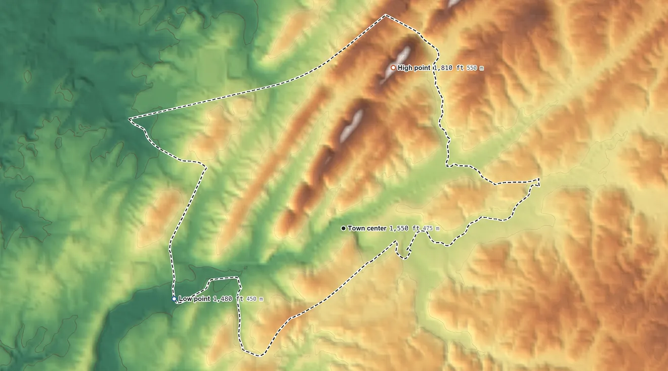 Topographic elevation map of Telford, Tennessee, shaded from 1,480 ft on the southwest side to 1,810 ft on the north side