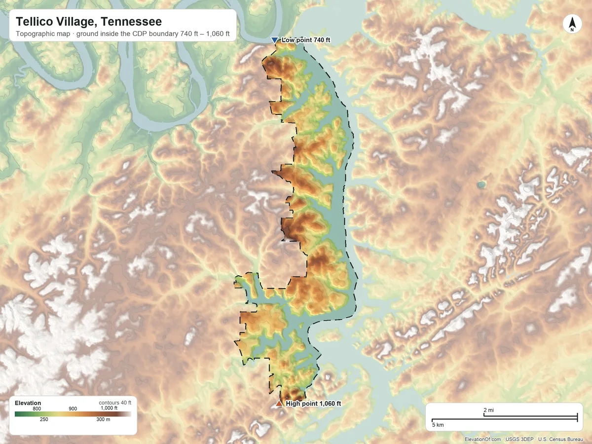 Topographic elevation map of Tellico Village, Tennessee, shaded from 740 ft on the north side to 1,060 ft on the south side