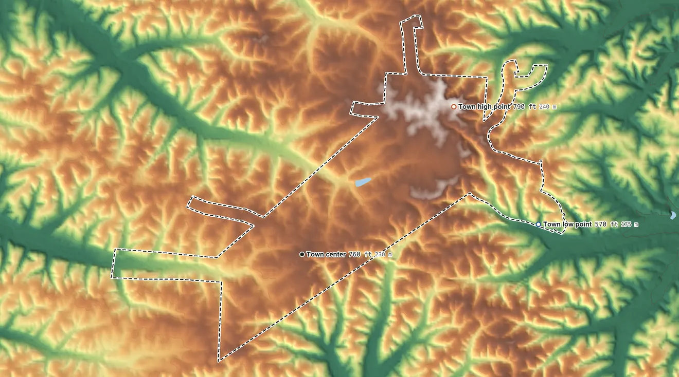 Topographic elevation map of Tennessee Ridge, Tennessee, shaded from 570 ft on the east side to 790 ft on the northeast side