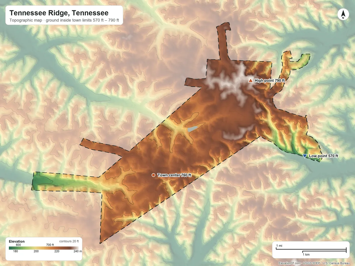 Topographic elevation map of Tennessee Ridge, Tennessee, shaded from 570 ft on the east side to 790 ft on the northeast side