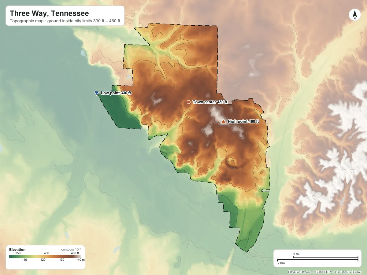 Topographic elevation map of Three Way, Tennessee, shaded from 330 ft on the west side to 460 ft on the southeast side
