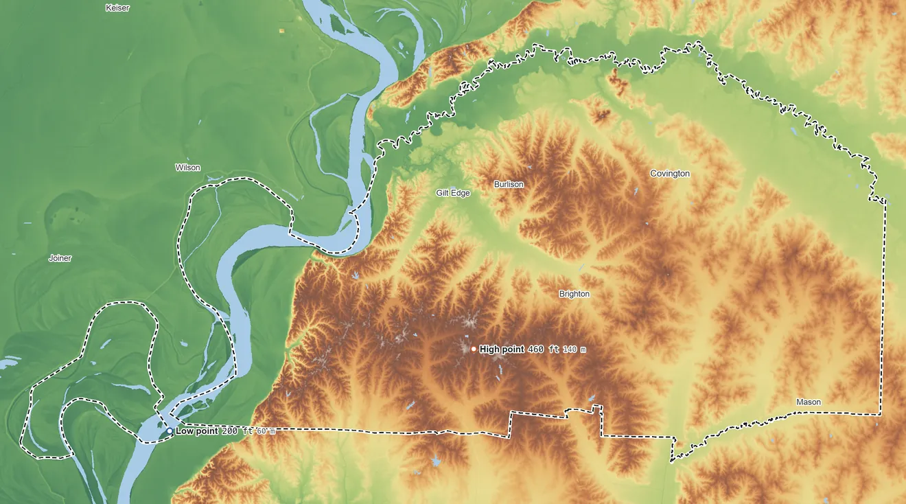 Topographic elevation map of Tipton County, Tennessee, shaded from 200 ft on the southwest side to 460 ft on the south side
