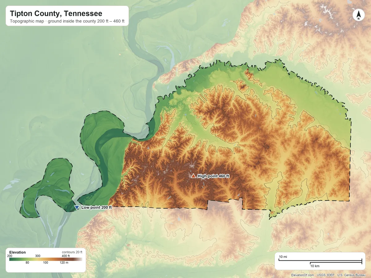 Topographic elevation map of Tipton County, Tennessee, shaded from 200 ft on the southwest side to 460 ft on the south side
