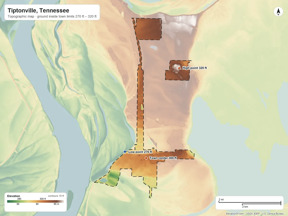Topographic elevation map of Tiptonville, Tennessee, shaded from 270 ft on the west side to 320 ft on the north side