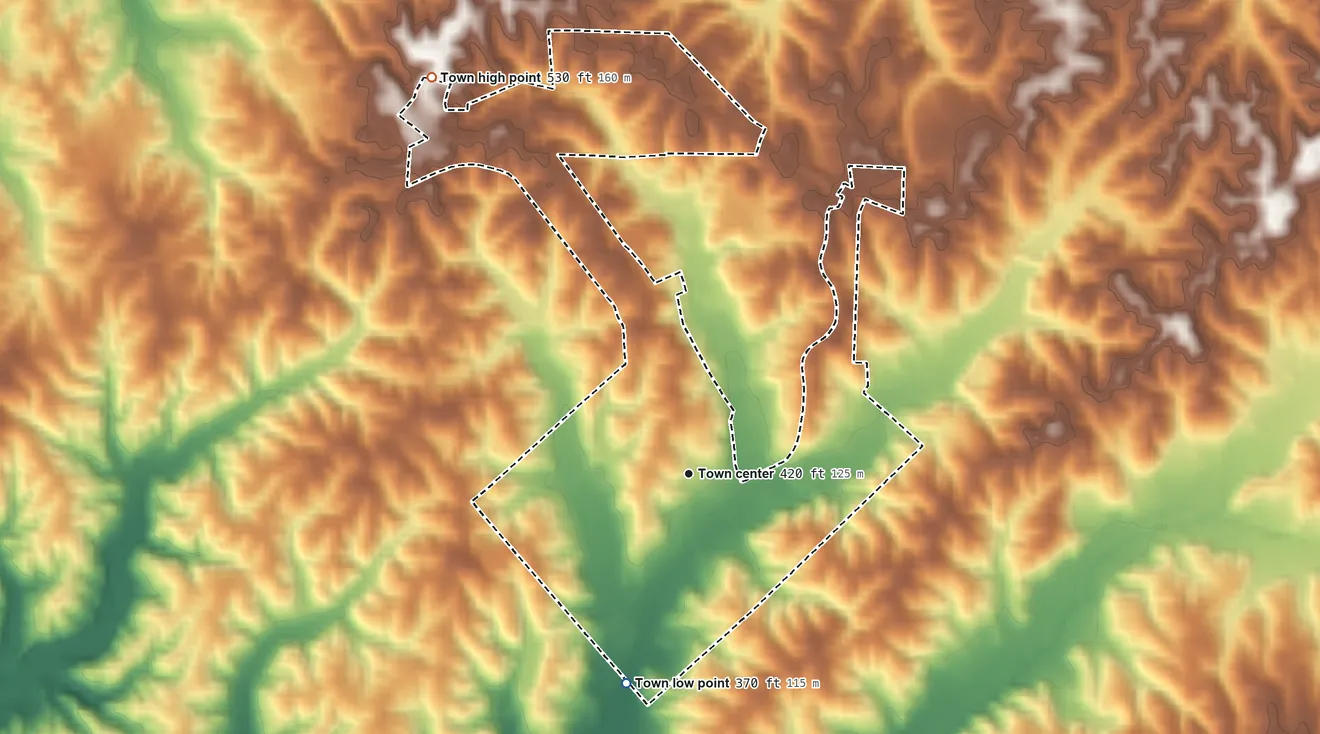 Topographic elevation map of Toone, Tennessee, shaded from 370 ft on the south side to 530 ft on the northwest side
