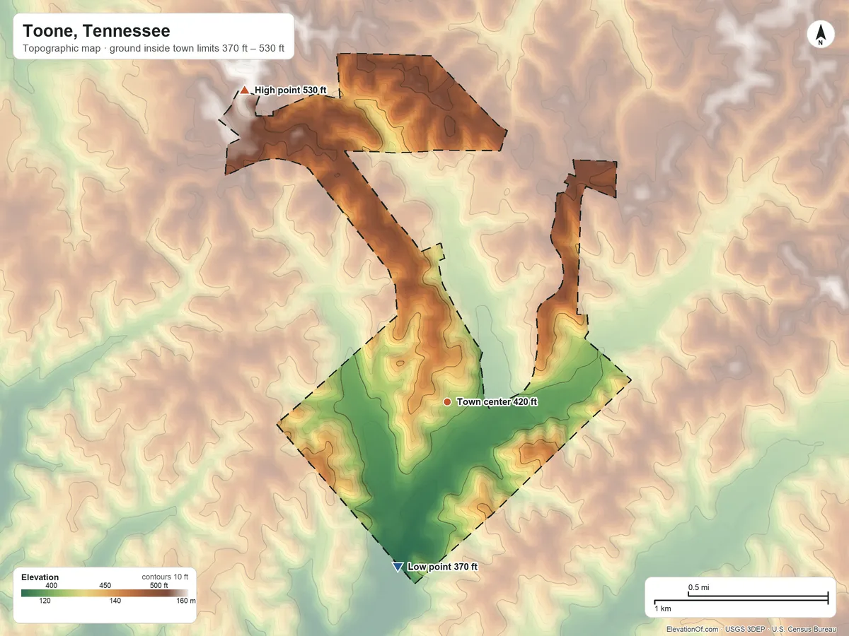 Topographic elevation map of Toone, Tennessee, shaded from 370 ft on the south side to 530 ft on the northwest side