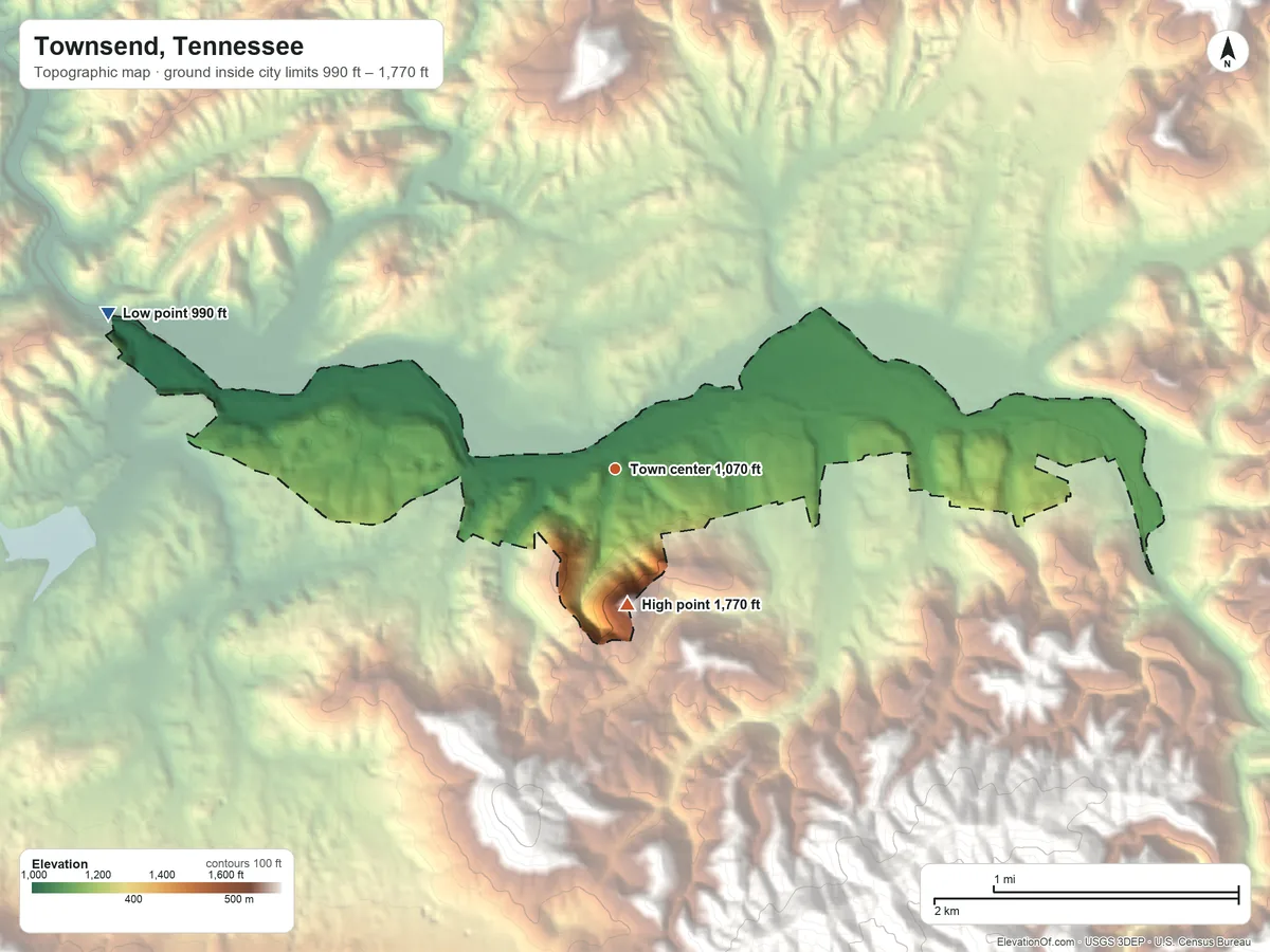 Topographic elevation map of Townsend, Tennessee, shaded from 990 ft on the west side to 1,770 ft at the foot of the Great Smoky Mountains