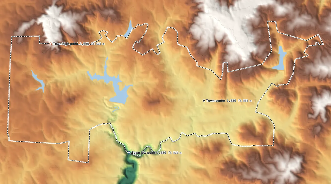 Topographic elevation map of Tracy City, Tennessee, shaded from 1,680 ft on the southwest side to 2,060 ft on the west side