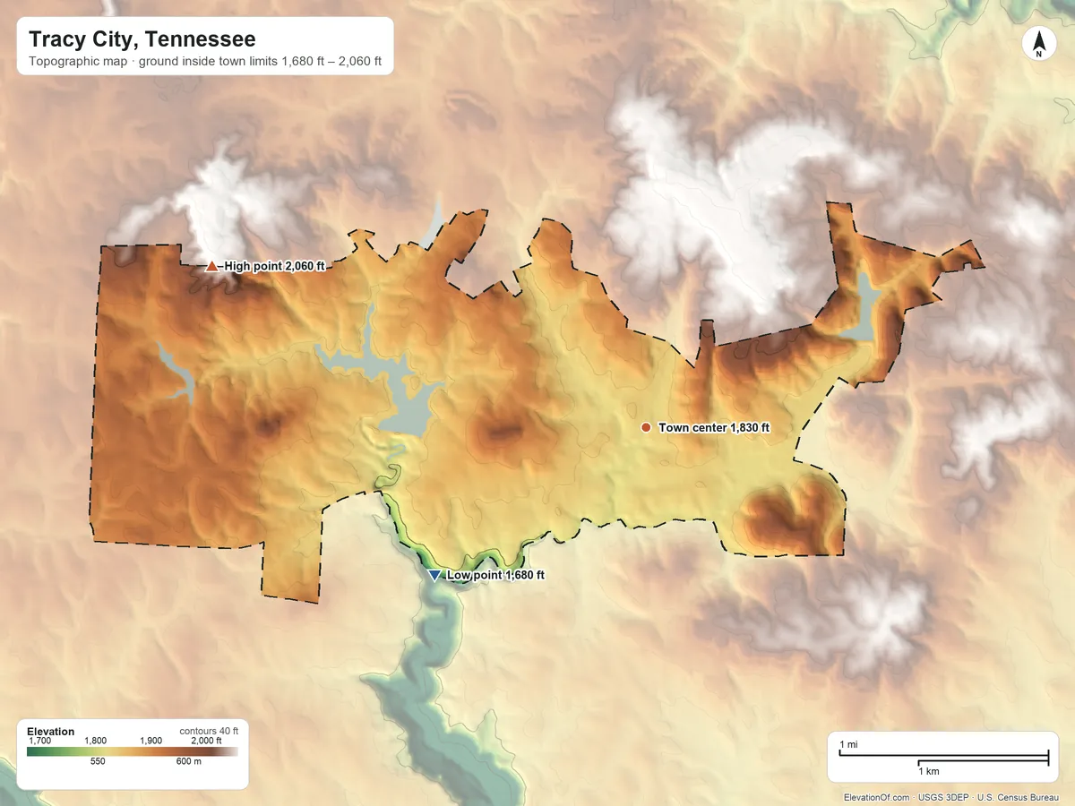 Topographic elevation map of Tracy City, Tennessee, shaded from 1,680 ft on the southwest side to 2,060 ft on the west side